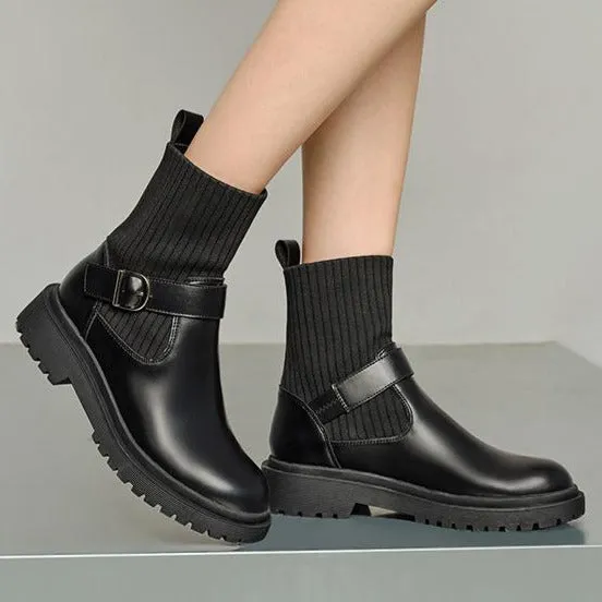 Buckle Design Knitted Tube Chelsea Boots