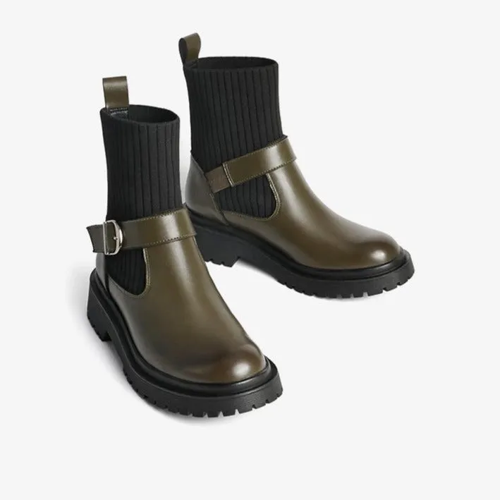 Buckle Design Knitted Tube Chelsea Boots
