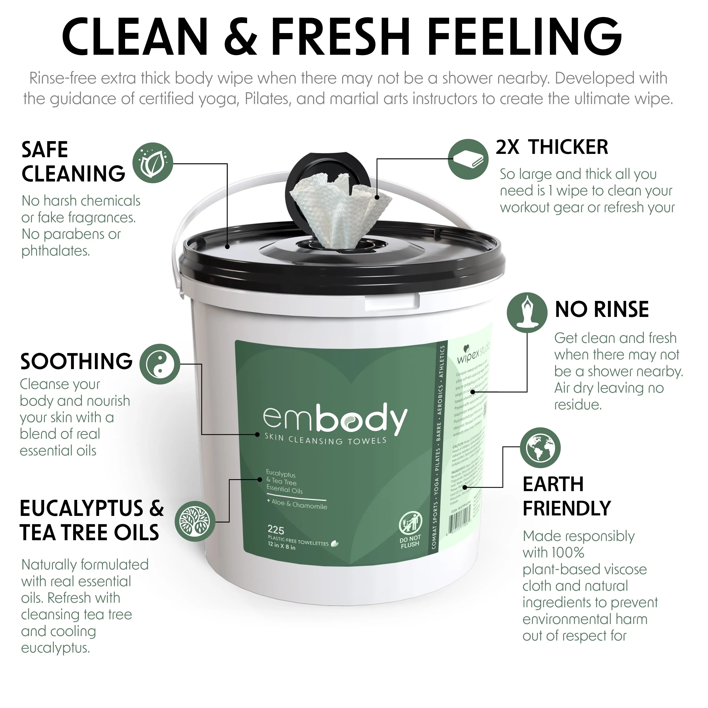 Embody™ Refreshing Natural Body Wipes | Yoga, Pilates, Jiu-Jitsu, Martial Arts | Tea Tree & Eucalyptus