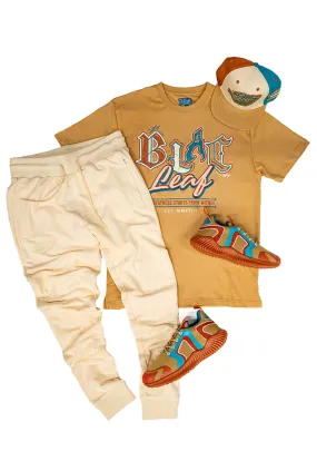 Greatness Within Patchwork Khaki Shirt, Classic Snapback, Cream Jogger, Sneaker Combo