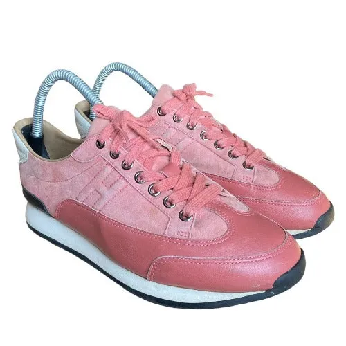 HERMES Goal Antique Pink Leather & Suede Low Sneaker, Size 39
