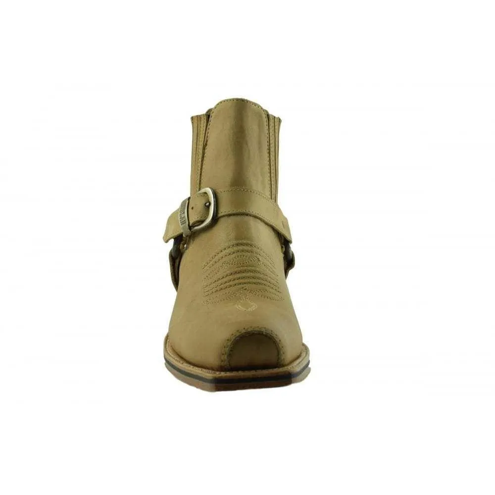 Loblan 515 Leather Tan Beige Cowboy Boots Biker Western Square Toe Ankle Boot