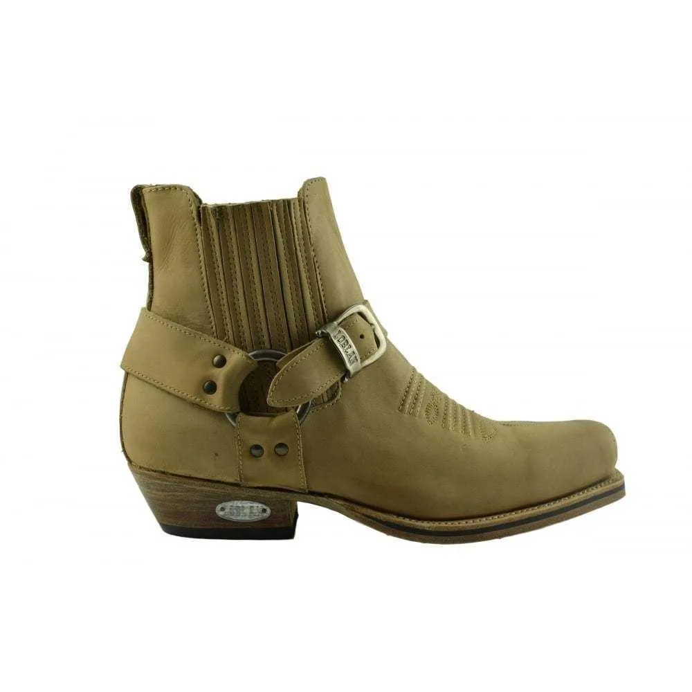 Loblan 515 Leather Tan Beige Cowboy Boots Biker Western Square Toe Ankle Boot